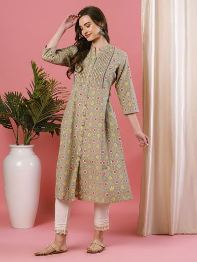 Globus Women Green Printed Mandarin Collar A-Line Kurta