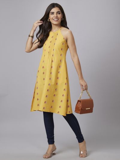 Globus Women Yellow Printed Round Neck A-Line Kurta