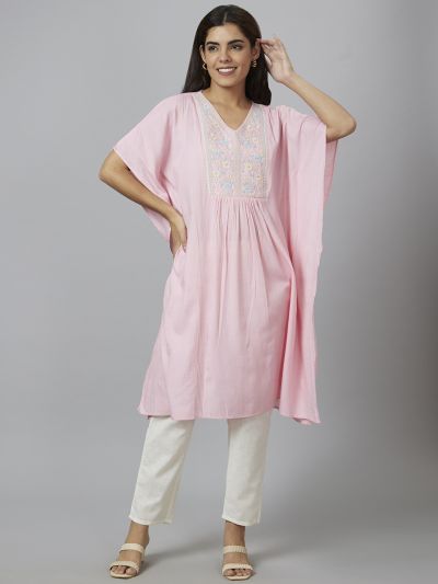 Globus Women Pink Embroidered Kaftan Kurta