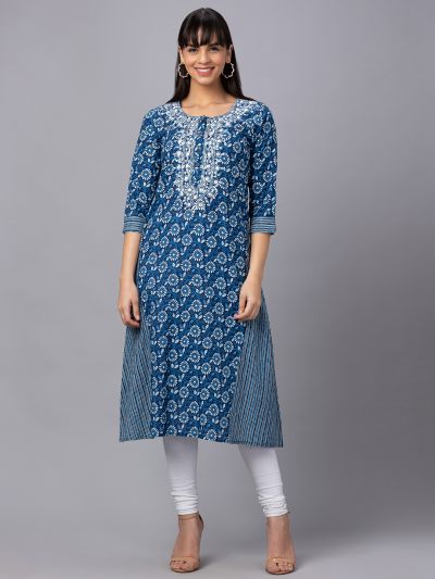 Globus Women Indigo Round Neck Printed A-Line Kurta With 3/4 Sleeves