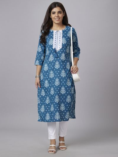 Globus Women Teal Printed Round Neck Straight Kurta