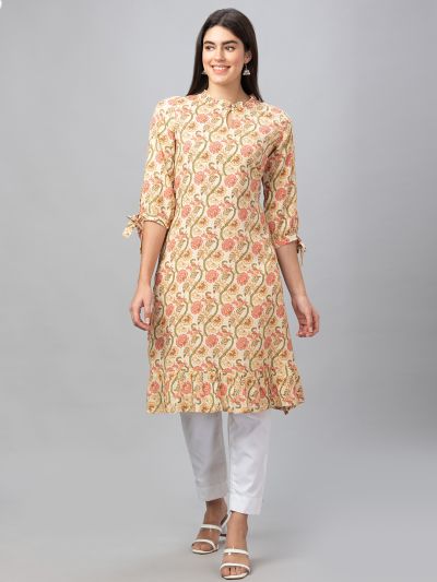 Globus Women Yellow 3/4 Sleeves All Over Printed A-Line Kurta