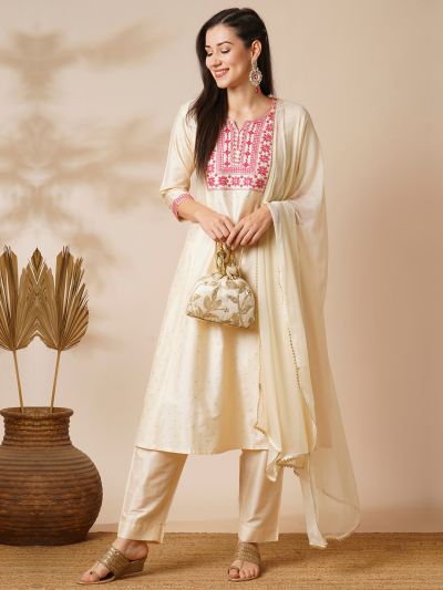 Globus Women Off White Embroidered A-Line Kurta Set with Trouser and Dupatta