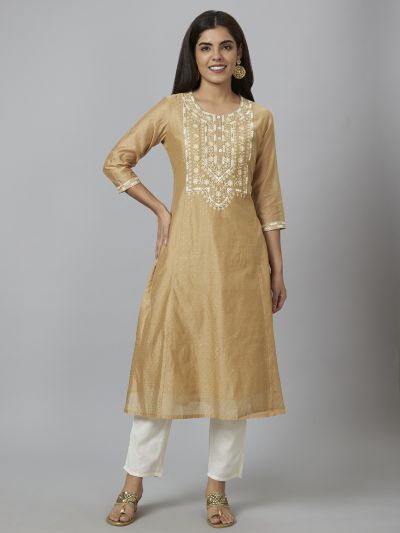 Globus Women Beige Yoke Embroidered A-Line Kurta