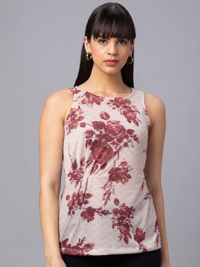 Globus Women Pink Printed Round Neck Sleeveless Top