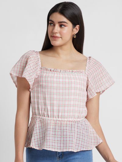 Globus Women White Checked Square Neck Cinched Waist Top