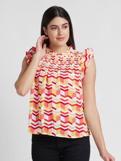 Globus Women Multicolor Printed Ruffle Neck Top