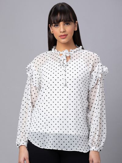 Globus Women White Printed Tie-Up Neck Top