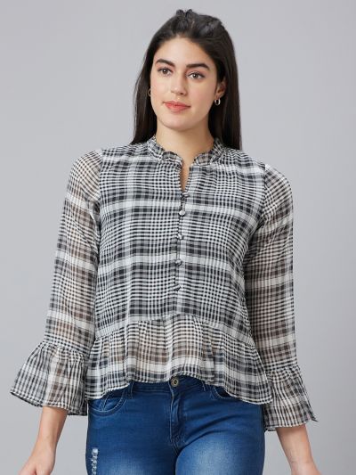 Globus Women Black Checked Mandarin Collar Peplum Top