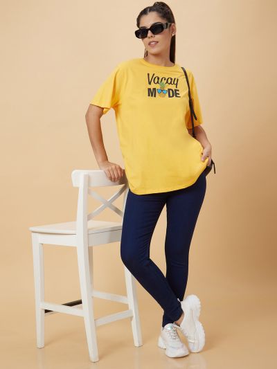 Globus Women Yellow Printed Cotton T-Shirt