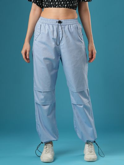 Globus Women Powder Blue Mid-Rise Relaxed Fit Drawstring Waist Toggles Hem Cargo Trousers