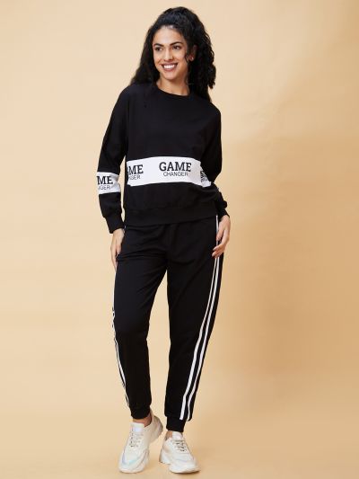 Globus Women Black Typography Printed Boxy Fit Sweatshirt & Side Striped Joggers Co-Ord Set