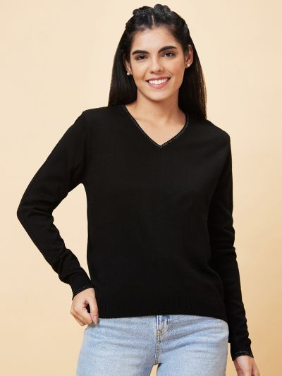 Globus Women Black Shiny V-Neck Design With Ribbed Hem Acrylic Sweater