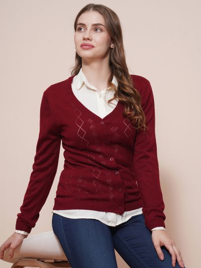 Globus Women Maroon V-Neck Full Sleeves Self Design Ribbed Hem Cardigan Sweater