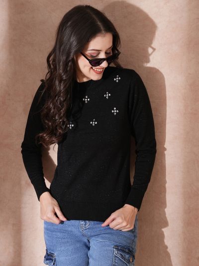 Globus Women Black Solid Embeliished Round Neck Long Sleeves Pullover Sweater