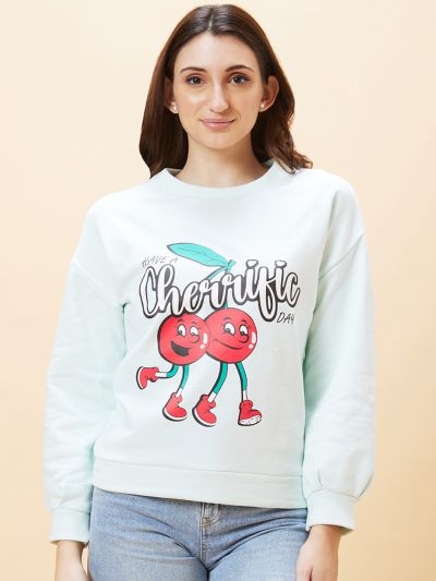 Globus Women Mint Green Graphic Print Round Neck Pullover Sweatshirt