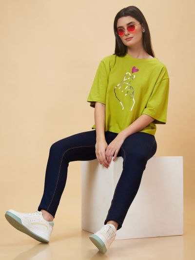 Globus Women Green Drop Shoulder Korean Graphic Printed Oversized Trendy Crop T-Shirt