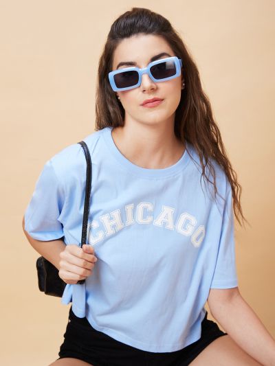 Globus Women Blue Typography Print Round Neck Casual Boxy Fit Crop T-Shirt