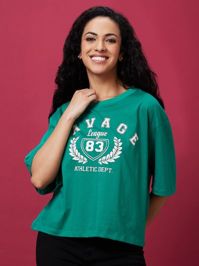 Globus Women Green Typography Print Boxy Drop Shoulder Tshirt