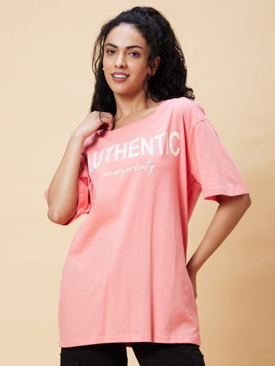 Globus Women Pink Typography Print Round Neck Casual Oversized T-Shirt