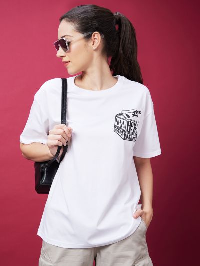 Globus Women White Typography Print Drop-Shoulder Sleeves Boxy Tshirt