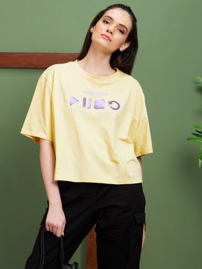 Globus Women Yellow Typography Cotton Round Neck Boxy Fit Casual T-Shirt