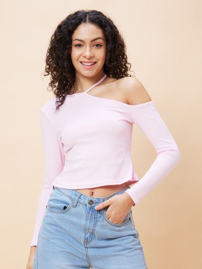 Globus Women Pink Solid Ribbed One Shoulder Casual Top