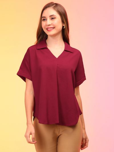 Globus Women Maroon Shirt Collar V-Neck Regular Top