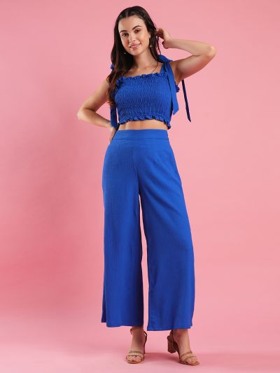 Globus Women Blue Tie Up Strappy Shoulder Smocked Crop Top & Flare Hem Partially Elasticated Flat Font Trouser Co-ord Set