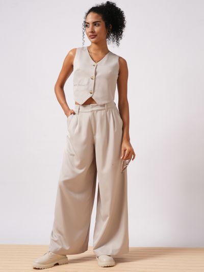 Globus Women Grey V-Neck Front Pocket Detail Vest With Pleated Wide Leg Trousers Workwear Co-Ord Set