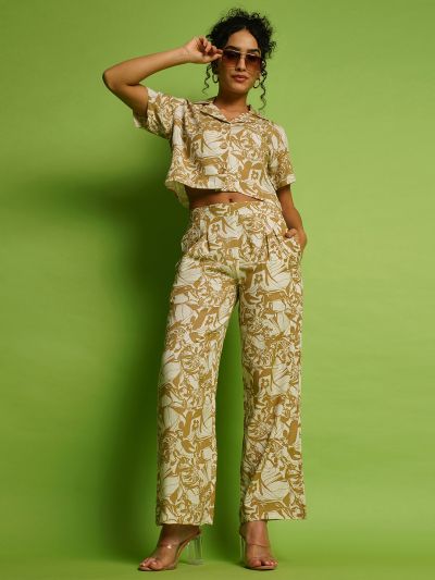 Globus Women Beige Abstract Printed Lapel Collar Crop Shirt & Pleated Trousers Co-Ord Set