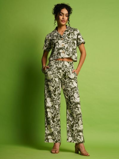 Globus Women Green Abstract Printed Lapel Collar Crop Shirt & Pleated Trousers Co-Ord Set