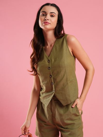 Globus Women Olive V-Neck Big Button Front Opening Top & Partially Elasticated Shorts Co-Ord Set