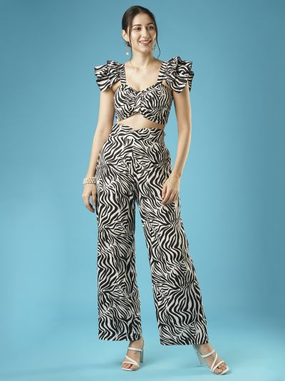 Globus Women Black & White Animal Printed Sweetheart Neck Crop Top & Wide Leg Trouser Co-Ord Set