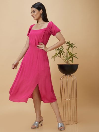 Globus Women Fushia Solid Square Neck Fit and Flare Midi Dress