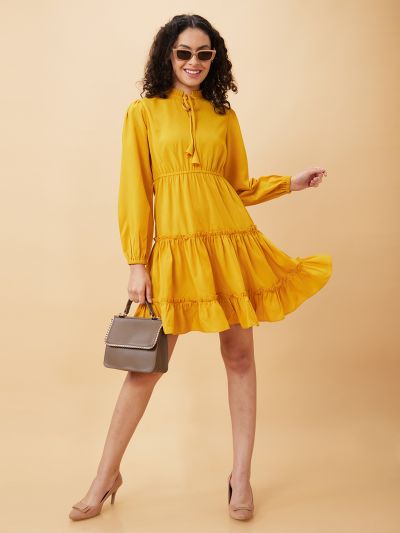 Globus Women Mustard Solid A-Line Casual Dress