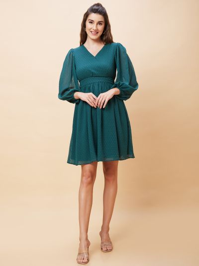 Globus Women Dark Green Self Design Wrap V-Neck Casual Fit And Flare Dress