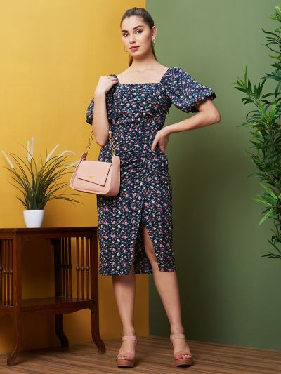 Globus Women Navy Floral Printed Square Neck Puff Sleeves Smocked Front Slit Midi Sheath Dress