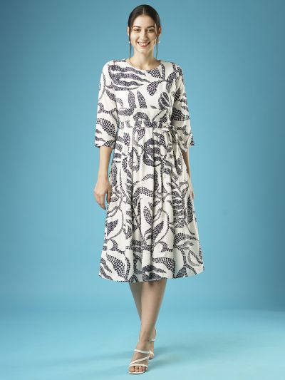 Globus Women White Tropical Printed Round Neck Gathered A-Line Midi Workwear Dress With Belt