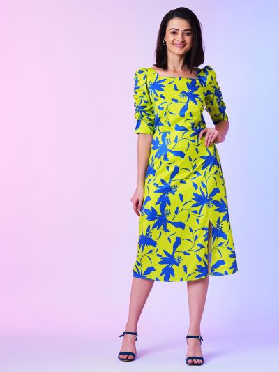 Globus Women Green Floral Ruched Sleeve Midi Dress