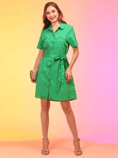 Globus Women Green Belted Shirt Style Dress with Straight Hem