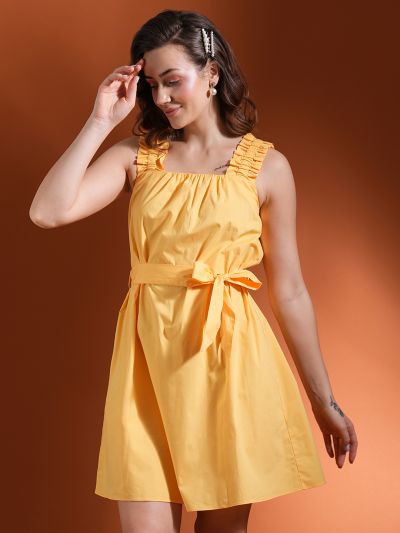 Globus Women Yellow Square Neck Ruched Detail Shoulder Strap Belted Mini A-Line Dress