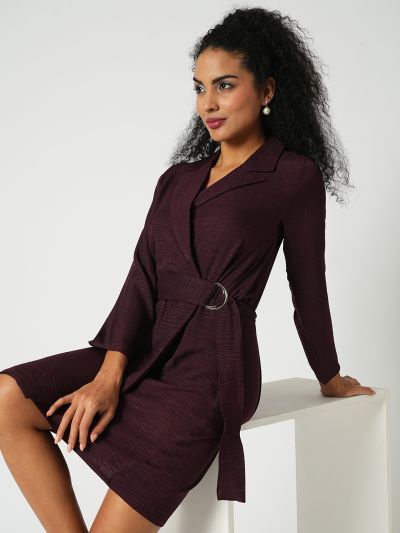 Globus Women Maroon Self Design Notched Collar Long Sleeves Wrap Belted Workwear Dress