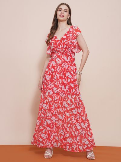 Globus Women Red Wrap Neck Strappy Flutter Sleeves Floral Printed Front Slit Fit & Flare Maxi Dress