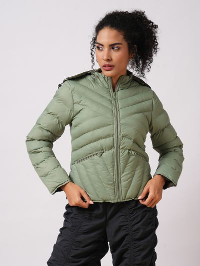 Globus Women Green Mock Neck With Attached Hoodie Zip Closure Reversible Winter Wear Puffer Jacket