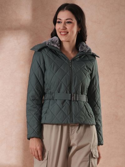 Globus Women Sea Green Mock Neck Front Zip Belted Winter Wear Insulator Puffer Jacket With Detachable Soft Functional Hood