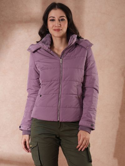 Globus Women Lavender Mock Neck Front Zip Winter Wear Insulator Puffer Jacket With Detachable Soft Functional Hood