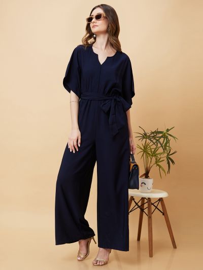 Globus Women Navy Round Neck With V Cut & Kimono Sleeves Waist Tie-Up Longline Jumpsuit