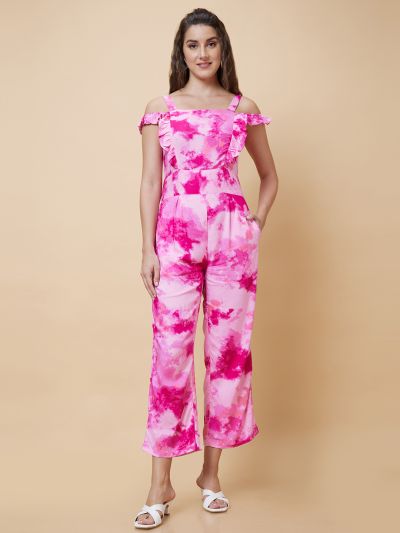 Globus Women Pink Tie Dye Strappy Casual Jumpsuit