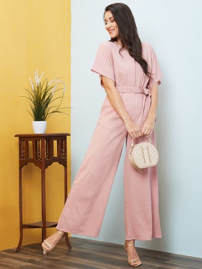 Globus Women Pink Round Neck With V Cut Kimono Sleeves Waist Tie-Up Longline Jumpsuit